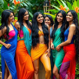 A captivating scene featuring five attractive Indian women in a lush outdoor setting, wearing vibrant, wet clothing that clings to their bodies