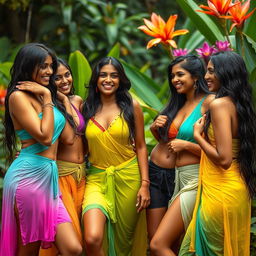 A captivating scene featuring five attractive Indian women in a lush outdoor setting, wearing vibrant, wet clothing that clings to their bodies