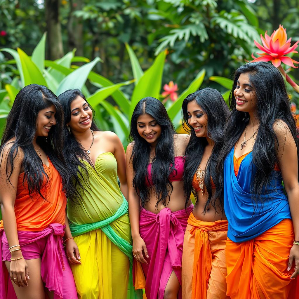 A captivating scene featuring five attractive Indian women in a lush outdoor setting, wearing vibrant, wet clothing that clings to their bodies