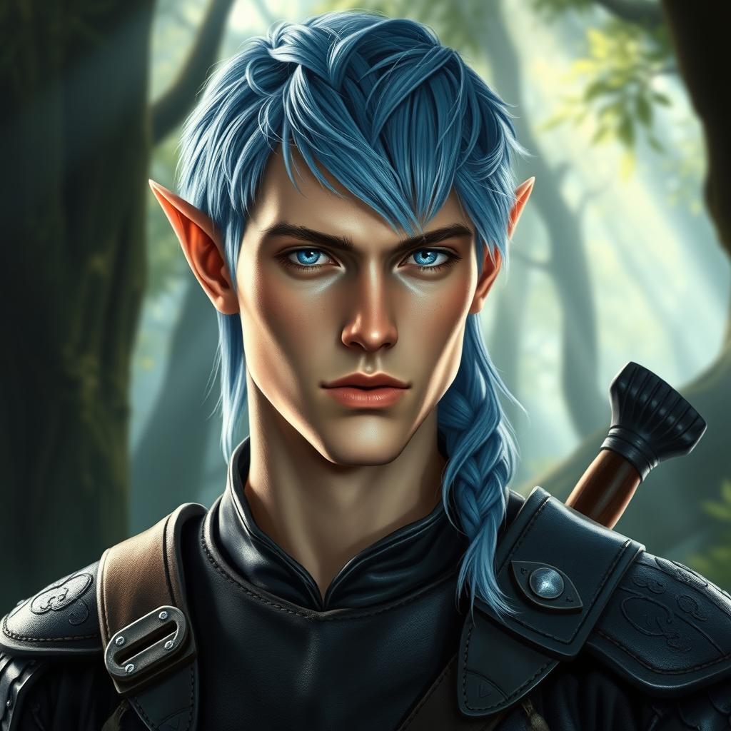 An enchanting male elf in his early 30s, showcasing elegantly pointed ears and piercing blue eyes that capture a sense of wisdom and valor