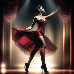 A digital art piece of a woman in a tasteful, elegant burlesque outfit, performing a dance