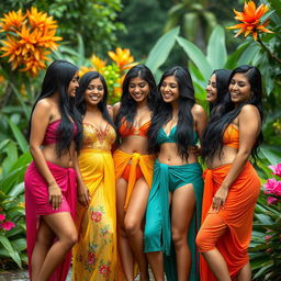 A captivating scene featuring five tall, attractive Indian women with voluptuous figures in a lush outdoor setting, wearing vibrant, wet clothing that accentuates their curves
