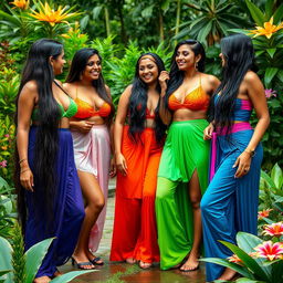 A captivating scene featuring five tall, attractive Indian women with voluptuous figures in a lush outdoor setting, wearing vibrant, wet clothing that accentuates their curves