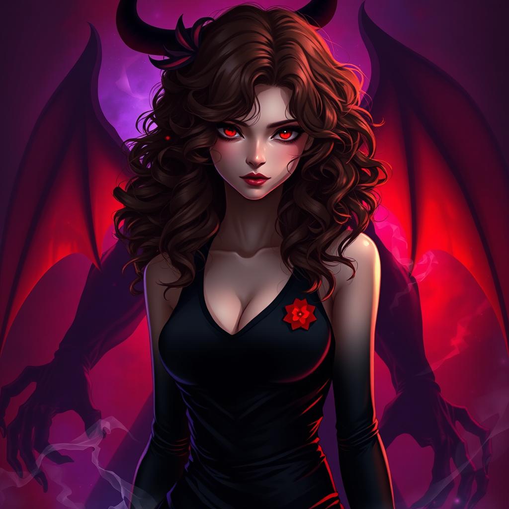 A captivating and highly detailed full-body illustration of a mysterious girl, featuring rich brown curly hair with eye-catching red tips that cascade down her shoulders