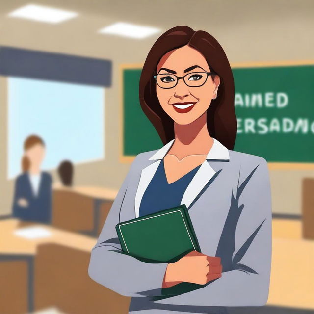 A high-quality digital art image depicting an attractive woman in professional teacher attire