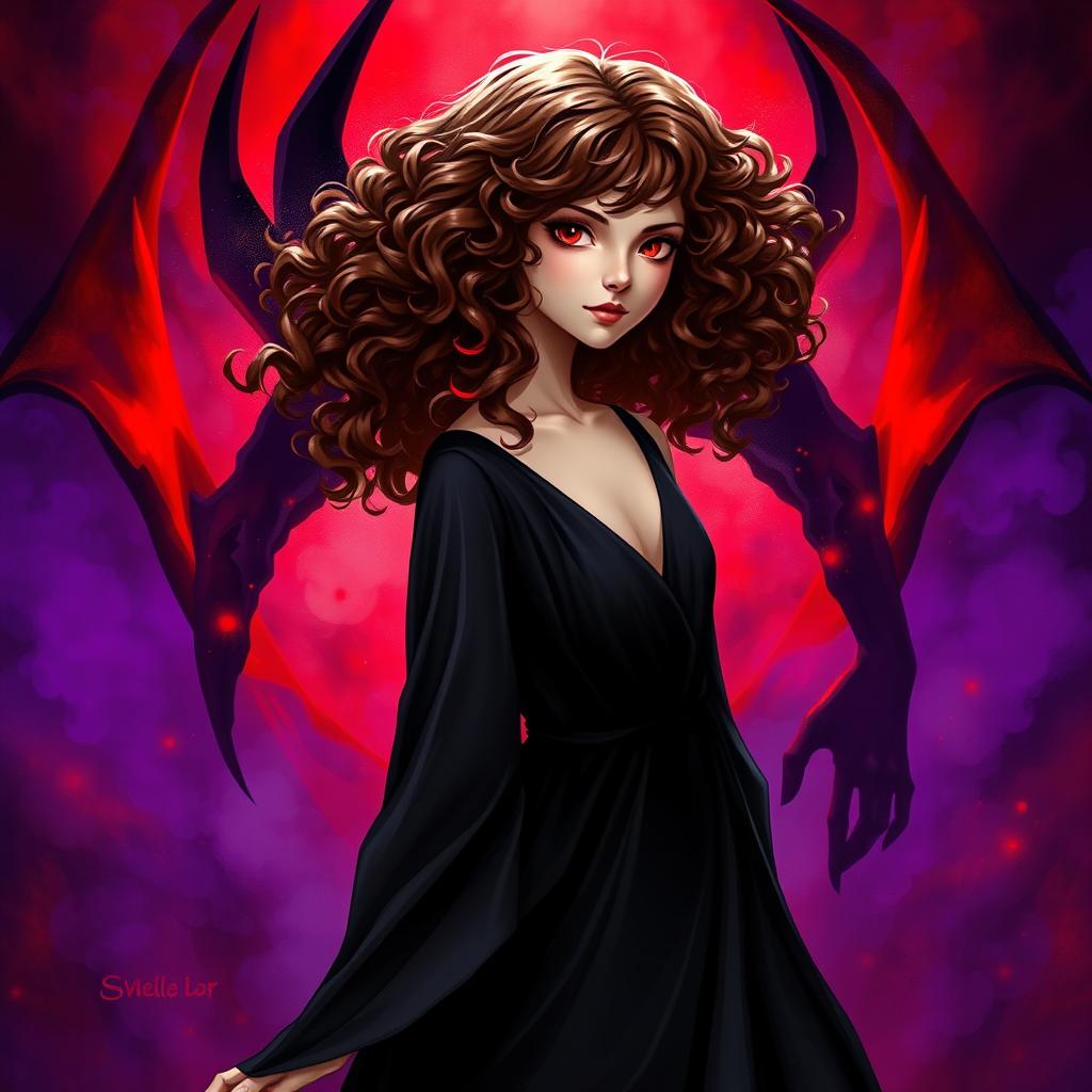An enchanting book cover illustration featuring a mysterious girl with flowing brown curly hair accented with vivid red tips