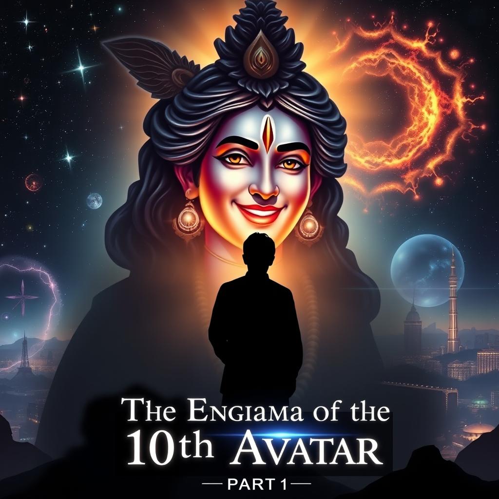 A mysterious and captivating book cover featuring Lord Krishna with a radiant, divine smile, exuding wisdom and cosmic energy