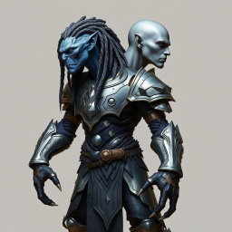 A unique male creature with two heads and four arms, wearing iron armor