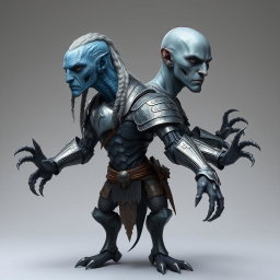A unique male creature with two heads and four arms, wearing iron armor