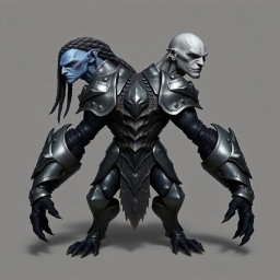 A unique male creature with two heads and four arms, wearing iron armor