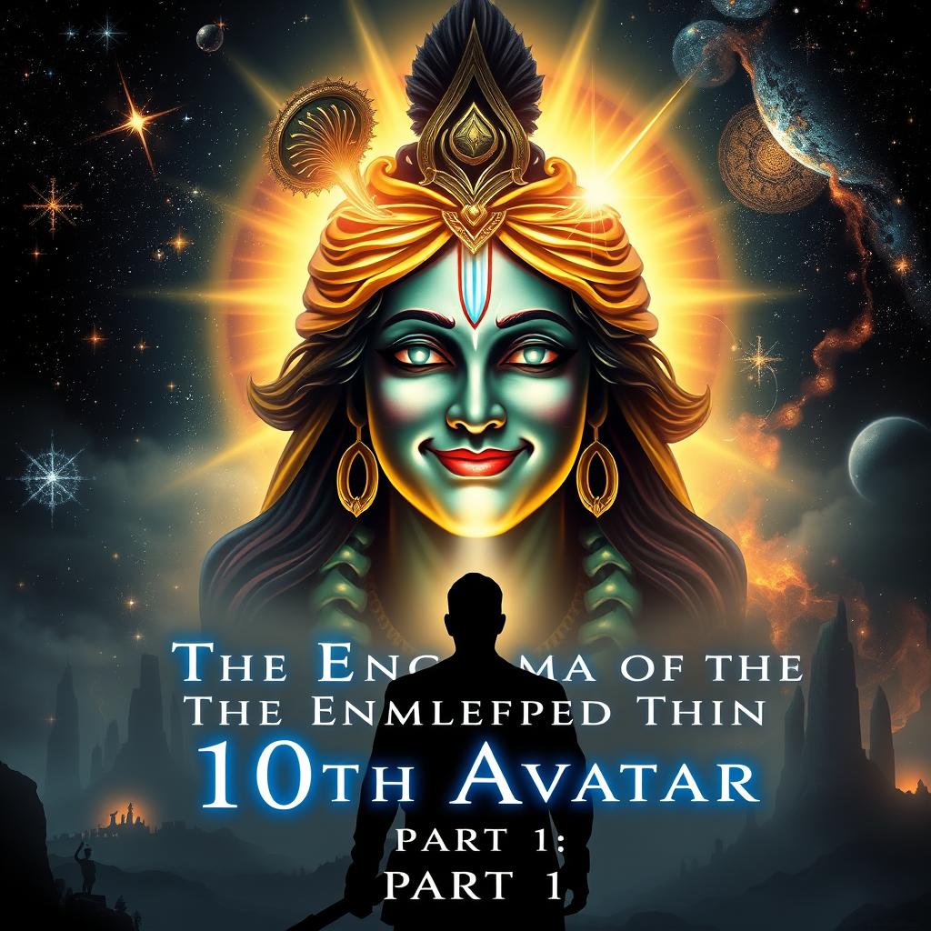 A mysterious and captivating book cover featuring Lord Krishna with a radiant, divine smile, exuding wisdom and cosmic energy
