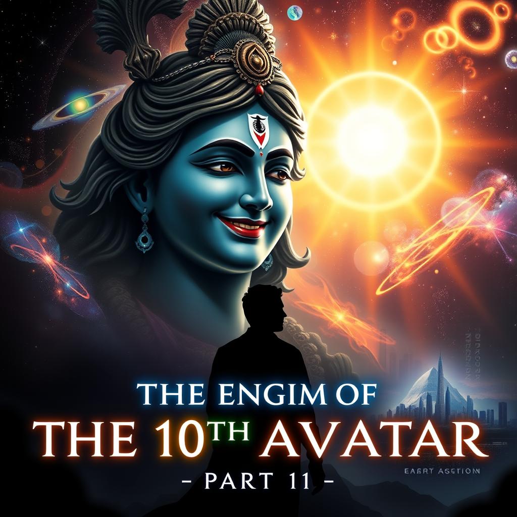 A mysterious and captivating book cover featuring Lord Krishna with a radiant, divine smile, exuding wisdom and cosmic energy