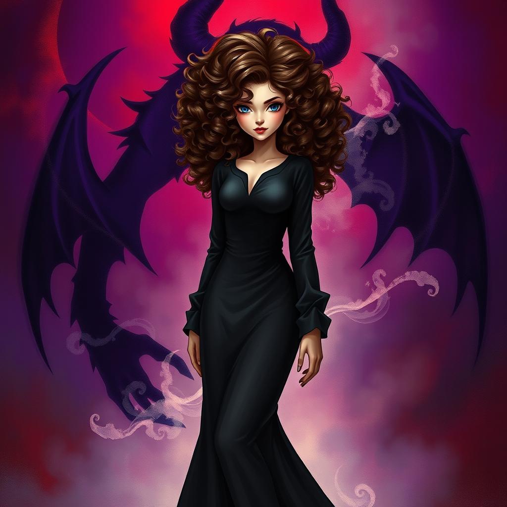 An enchanting book cover illustration featuring a mysterious girl with voluminous brown curly hair, expertly styled with striking red tips