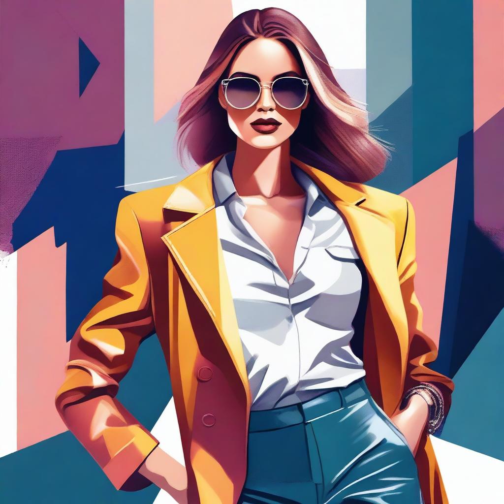 A digital art piece showcasing a stylish and attractive woman in a fashionable outfit