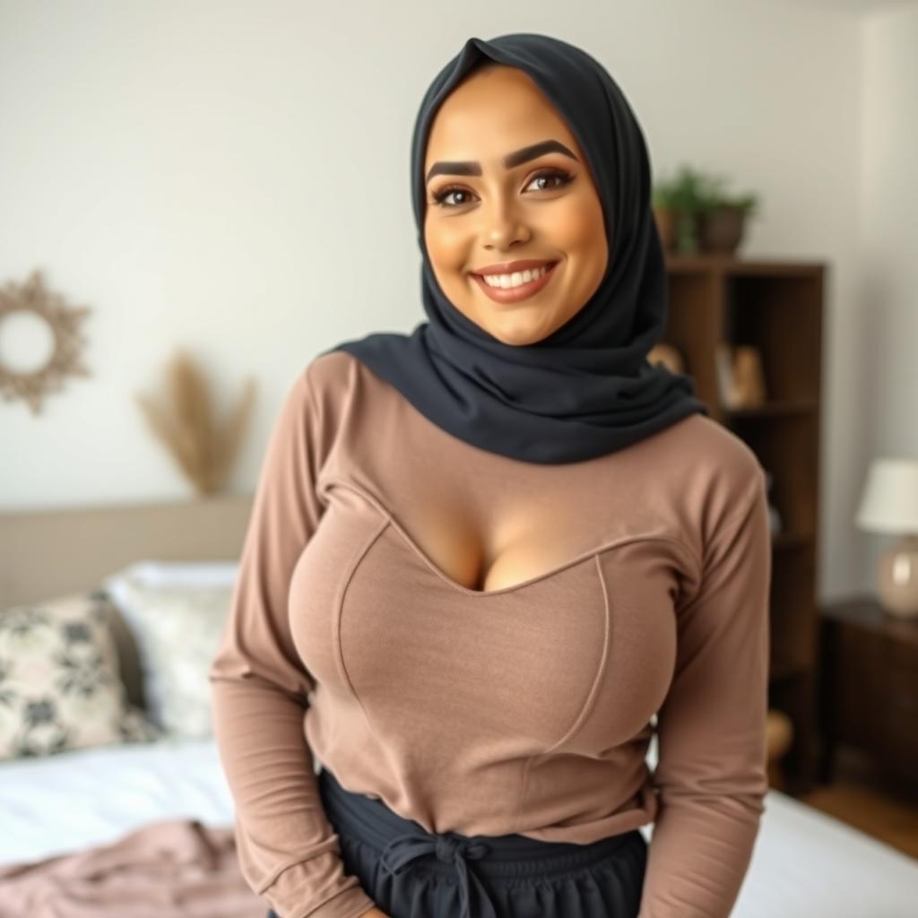 A beautiful woman aged 30 wearing a hijab, showcasing her large and attractive breasts, size 36