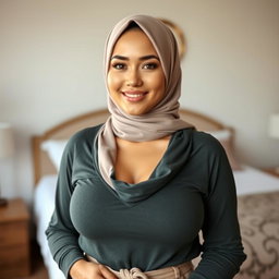 A beautiful woman aged 30 wearing a hijab, showcasing her large and attractive breasts, size 36