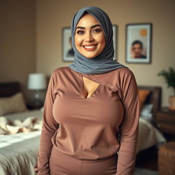 A beautiful woman aged 30 wearing a hijab, showcasing her large and attractive breasts, size 36