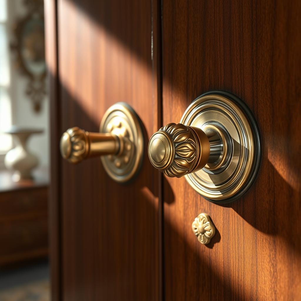 A close-up view of beautifully designed pull door handles, elegantly crafted from brushed brass and polished chrome