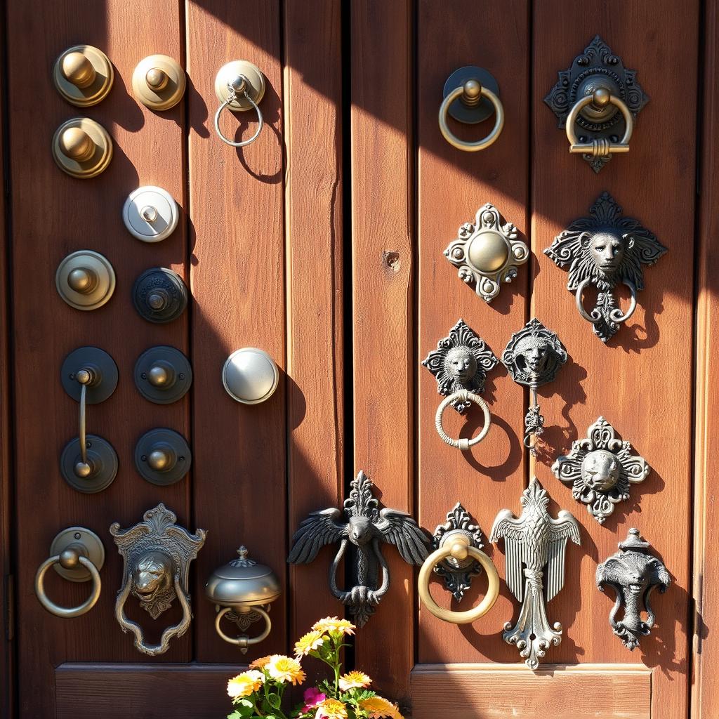 A beautifully crafted collection of unique door handles and knockers displayed against a rustic wooden door backdrop