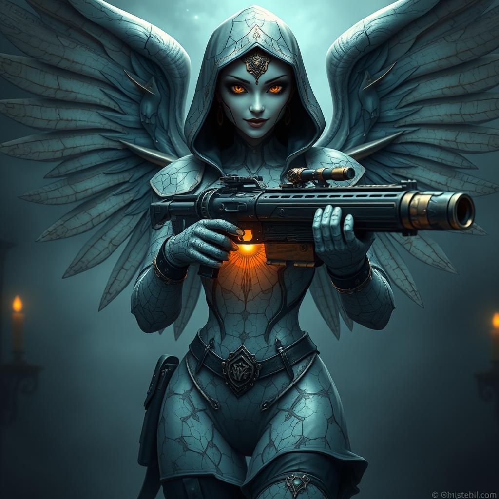 A gothic female marble golem with celestial wings, wielding a steampunk railgun held in both hands