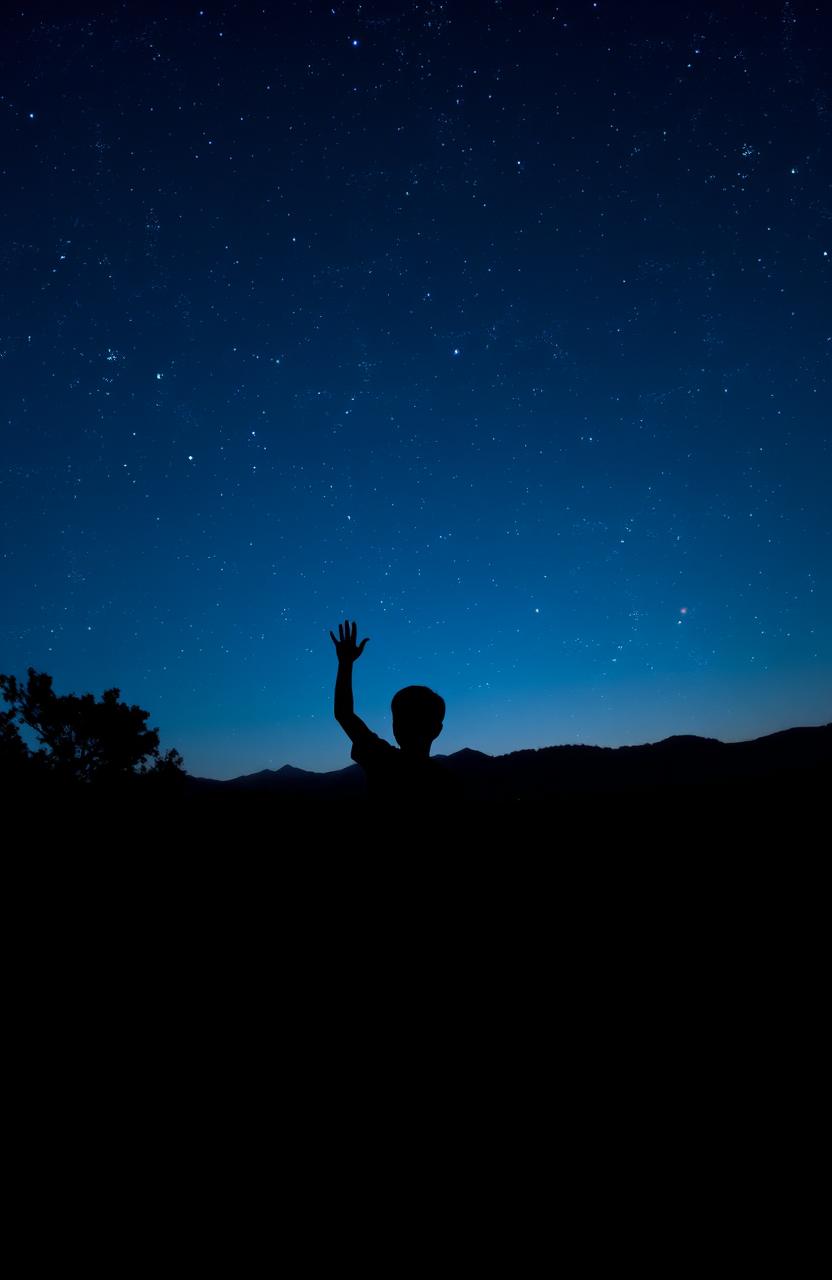 A very realistic scene featuring a dark blue sky filled with shining stars
