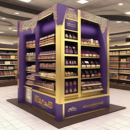 An unconventional, mazy point of sale display unit for chocolate in a supermarket, in an Islamic-Arabic style for Ramadan. The display unit, contains shelves, features Islamic geometric shapes, lanterns, and uses a dominant color palette of purple and gold.