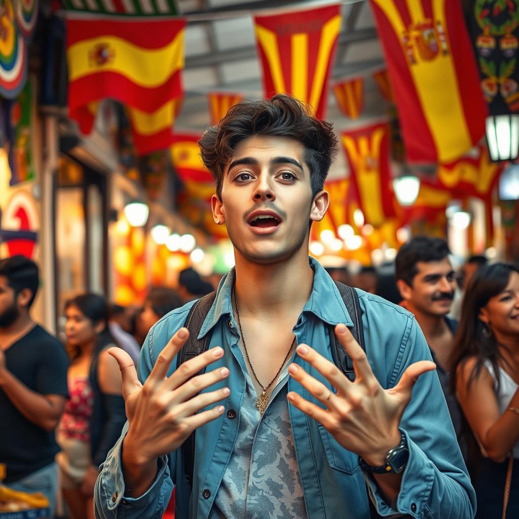 A captivating and energetic scene of a person confidently speaking Spanish, showcasing vibrant cultural elements