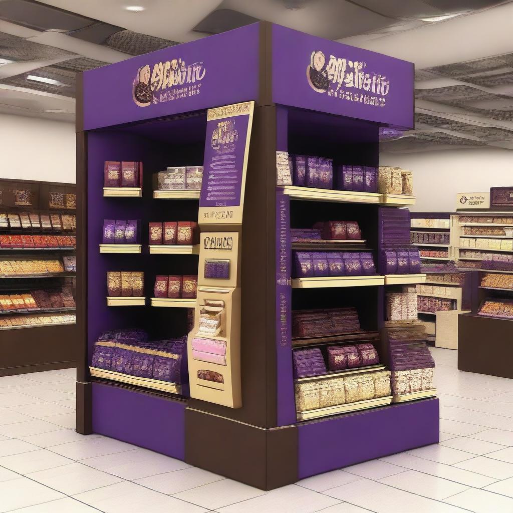 An unconventional, mazy point of sale display unit for chocolate in a supermarket, in an Islamic-Arabic style for Ramadan. The display unit, contains shelves, features Islamic geometric shapes, lanterns, and uses a dominant color palette of purple and gold.