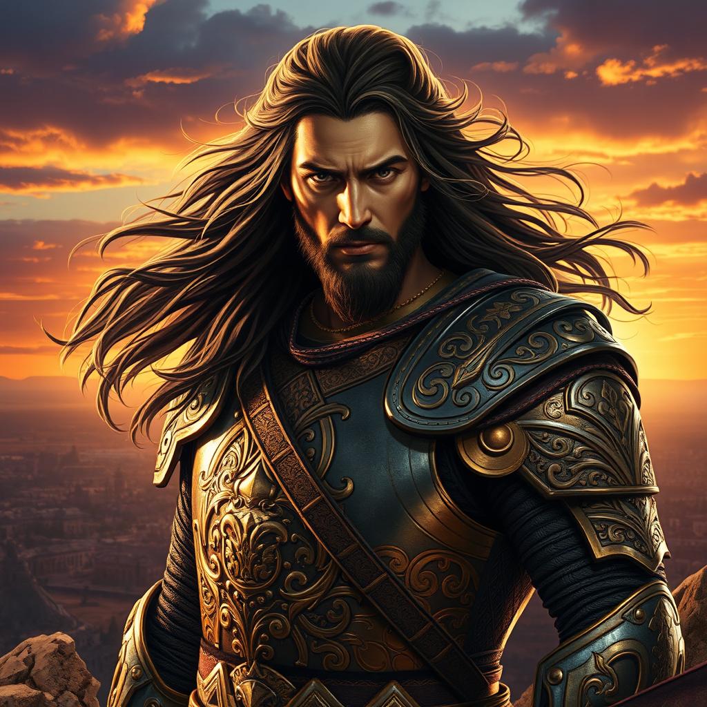 A visually striking portrait of Sohrab, the heroic character from Persian mythology, depicted as a brave warrior with an intense gaze