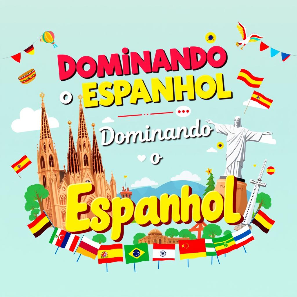 A vibrant and fun eBook cover for "Dominando o Espanhol" featuring colorful elements representing Hispanic culture