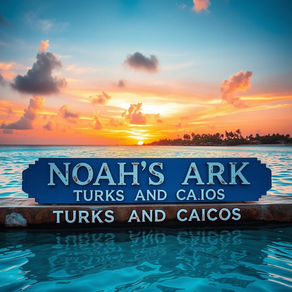 A cinematic photo of a blue signboard prominently displaying the text "NOAH'S ARK" in capital letters, with "TURKS AND CAICOS" in smaller letters below, beautifully decorated with seashells
