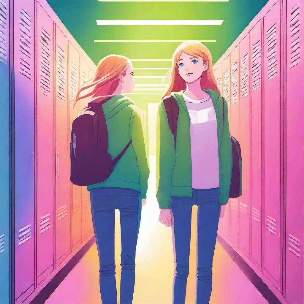 A digital art image depicts a vibrant high school hallway filled with colorful lockers under bright fluorescent lights