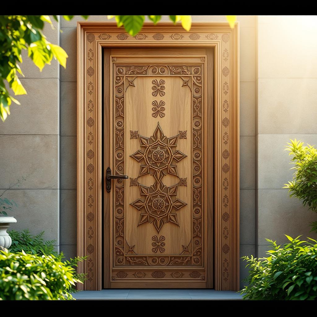 A beautifully crafted door with a design inspired by the ancient Persian architecture of Pasargadae, showcasing intricate motifs and elegant geometric patterns