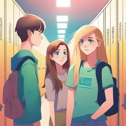 A digital art image depicts a vibrant high school hallway filled with colorful lockers under bright fluorescent lights