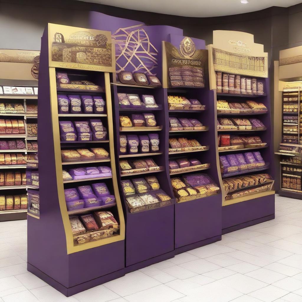 An unconventional, mazy point of sale display unit for chocolate in a supermarket, in an Islamic-Arabic style for Ramadan. The display unit, contains shelves, features Islamic geometric shapes, lanterns, and uses a dominant color palette of purple and gold.