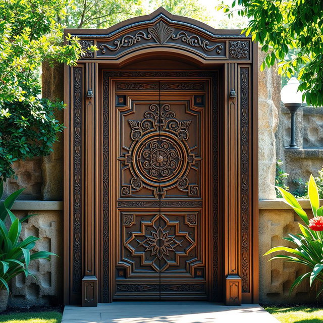 A beautifully crafted door with a design inspired by the ancient Persian architecture of Pasargadae, showcasing intricate motifs and elegant geometric patterns