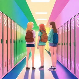 A digital art image depicts a vibrant high school hallway filled with colorful lockers under bright fluorescent lights