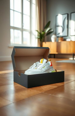 A stylish and modern shoe box placed on a polished wooden floor, the box is open revealing a pair of sleek, stylish sneakers inside