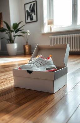 A stylish and modern shoe box placed on a polished wooden floor, the box is open revealing a pair of sleek, stylish sneakers inside