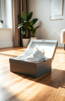A stylish and modern shoe box placed on a polished wooden floor, the box is open revealing a pair of sleek, stylish sneakers inside