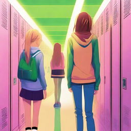 A digital art image depicts a vibrant high school hallway filled with colorful lockers under bright fluorescent lights