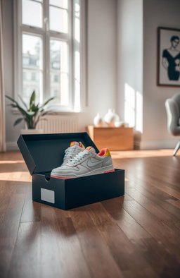A stylish and modern shoe box placed on a polished wooden floor, the box is open revealing a pair of sleek, stylish sneakers inside