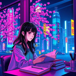 A vibrant and dynamic scene featuring a lofi girl studying in a neon-lit Tokyo setting
