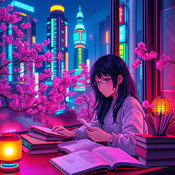 A vibrant and dynamic scene featuring a lofi girl studying in a neon-lit Tokyo setting