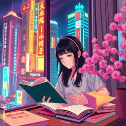 A vibrant and dynamic scene featuring a lofi girl studying in a neon-lit Tokyo setting