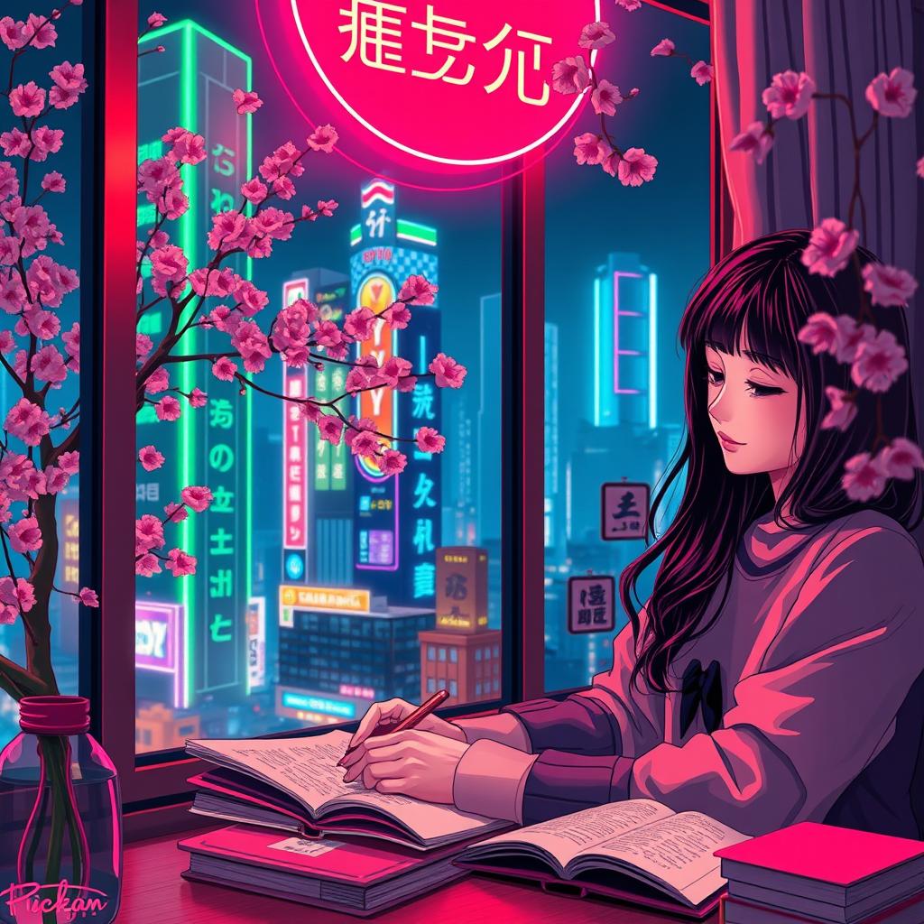 A vibrant and dynamic scene featuring a lofi girl studying in a neon-lit Tokyo setting