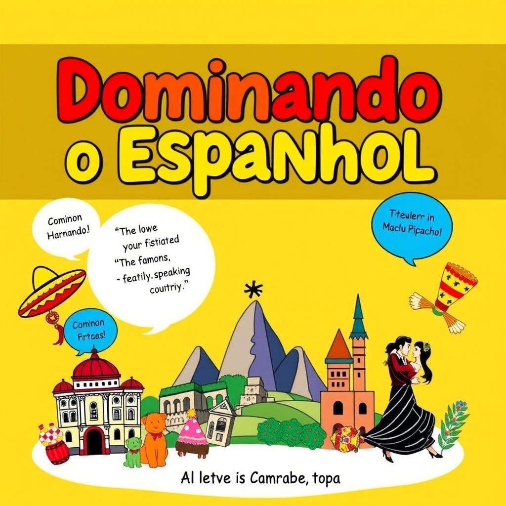 A colorful and engaging eBook cover for "Dominando o Espanhol" that showcases the joy of learning Spanish