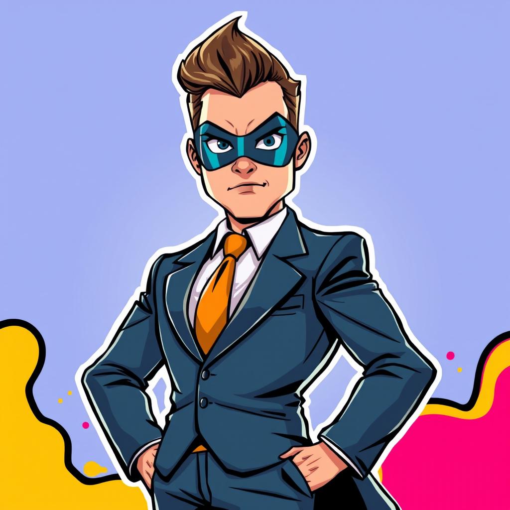 A man dressed in a sharp suit and wearing a superhero mask, depicted in a vibrant comic cartoon style, showcasing exaggerated features and bright colors