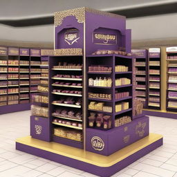 An unconventional, mazy point of sale display unit for chocolate in a supermarket, in an Islamic-Arabic style for Ramadan. The display unit, contains shelves, features Islamic geometric shapes, lanterns, and uses a dominant color palette of purple and gold.