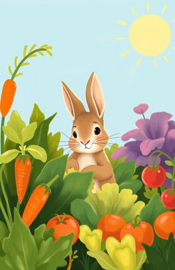 A whimsical illustration of Peter Rabbit, a small, mischievous young rabbit with soft brown fur and large ears, sneaking into the lush garden of Mr